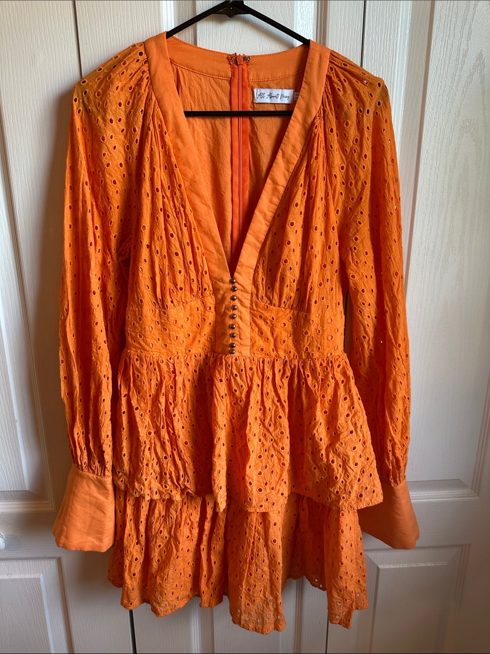 Bright Orange Eyelet Tiered Long-Sleeve Dress